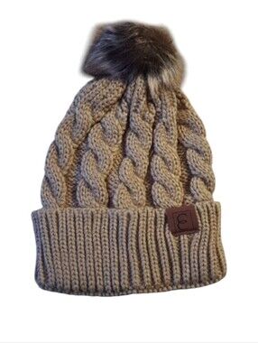 Cozy Tan Knit Pom-Pom Beanie